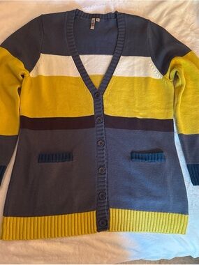 Striped V-Neck Button Cardigan Sweater - Yellow, Gray, White